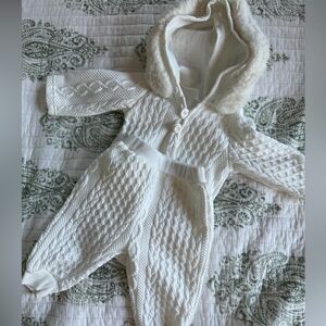 Charming White Knit Baby Onesie Outfit with Hood
